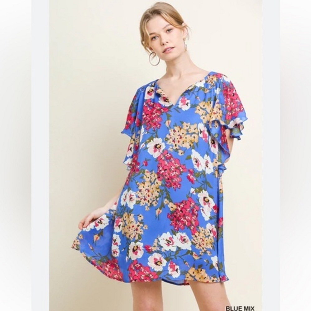 Umgee USA‎ Small Blue Floral Split V-Neck Ruffle Short Sleeve Dress Lined  (719)